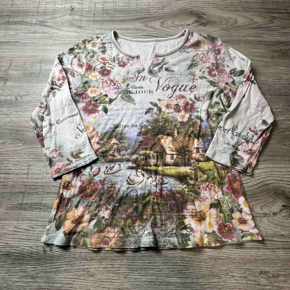 Unbranded Landscape Print Top Womens M Multicolor 3/4 Sleeve French Cottagecore